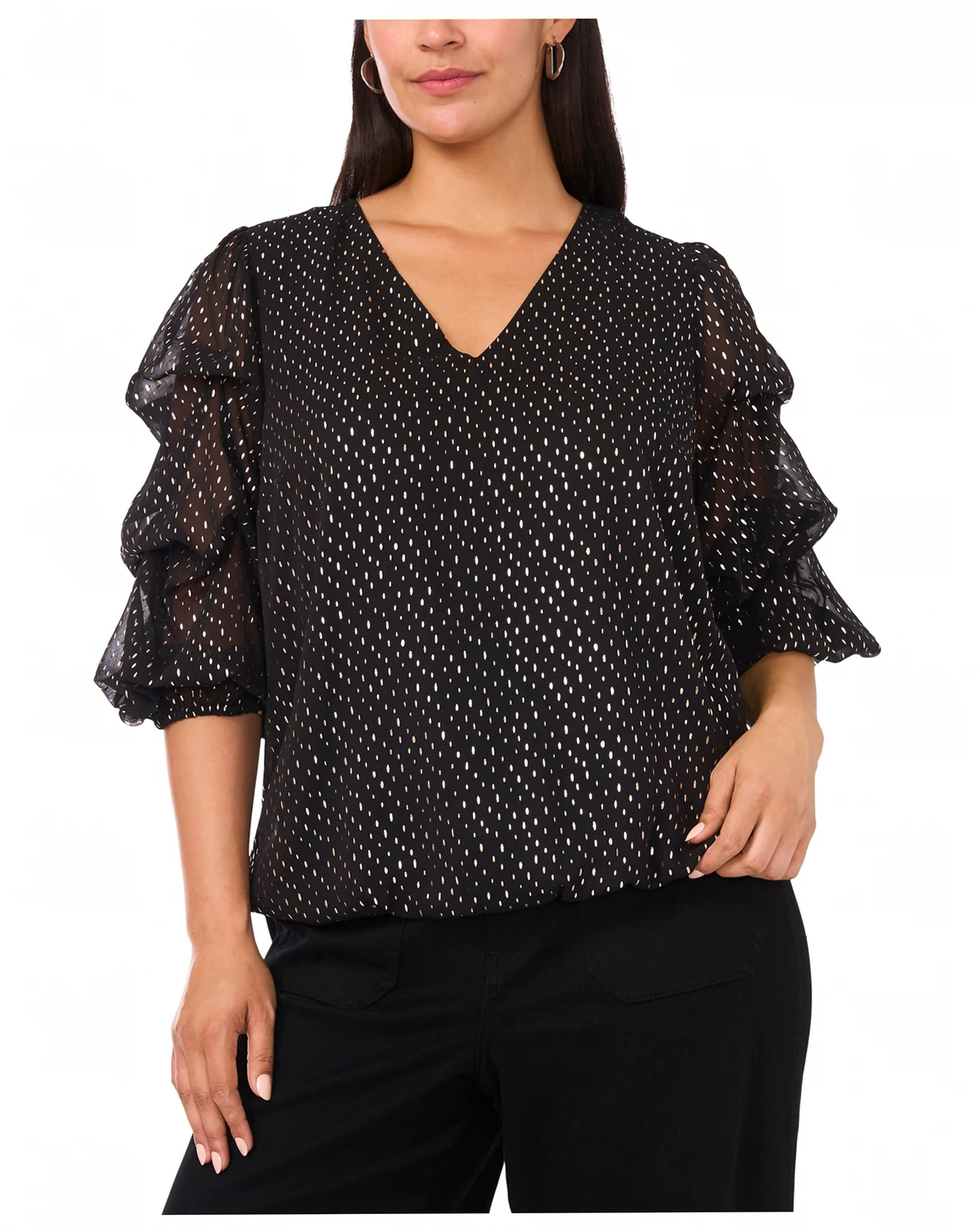 Plus Size V-Neck Balloon Sleeve Printed Top