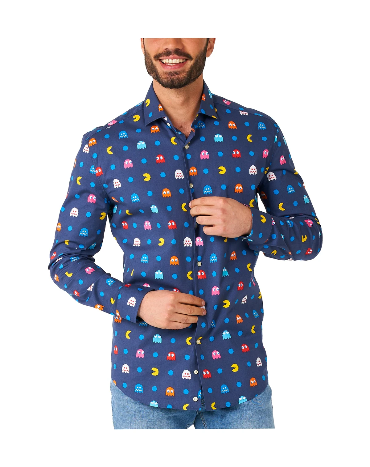 Big & Tall Pixel Official PAC-MAN Shirt - Retro Gaming Outfit - Including 1 Button- Up Shirt - Blue - Long sleeve