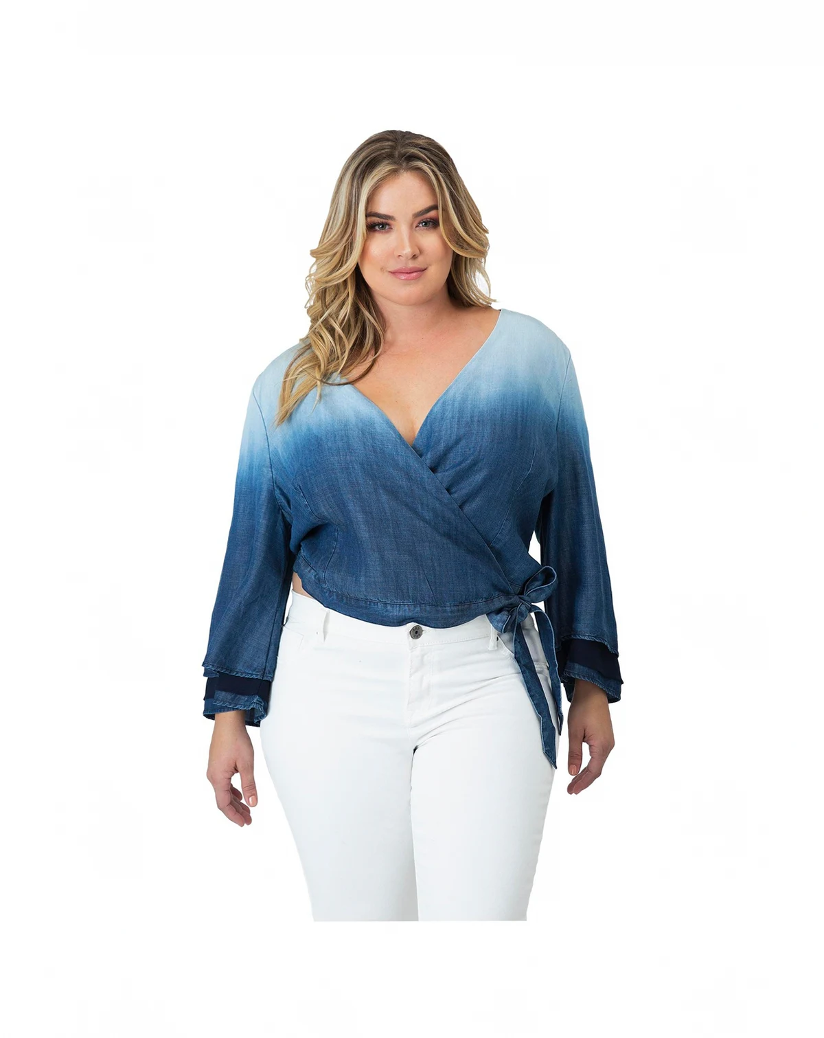 Plus Size Dip Dye Bell Sleeve Denim Wrap Crop Top