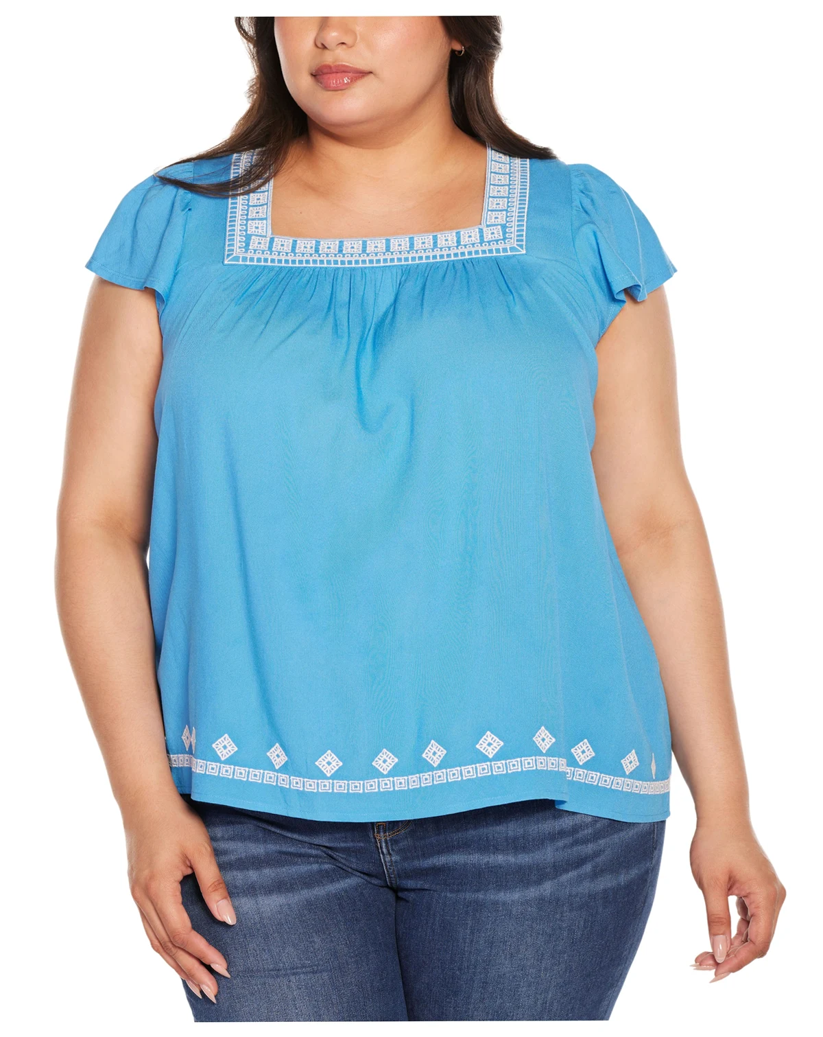 Black Label Plus Size Boho Embroidered Square Neck Top