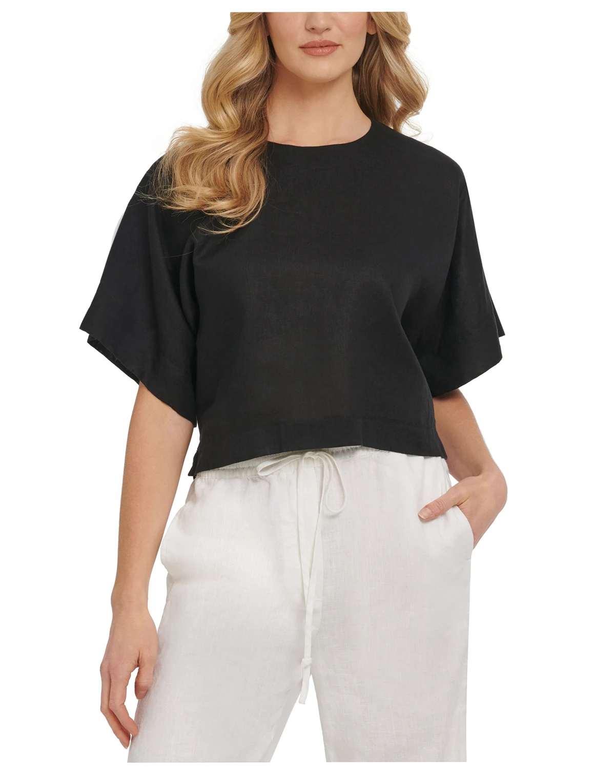 Linen Drop Shoulder Short Sleeve Top