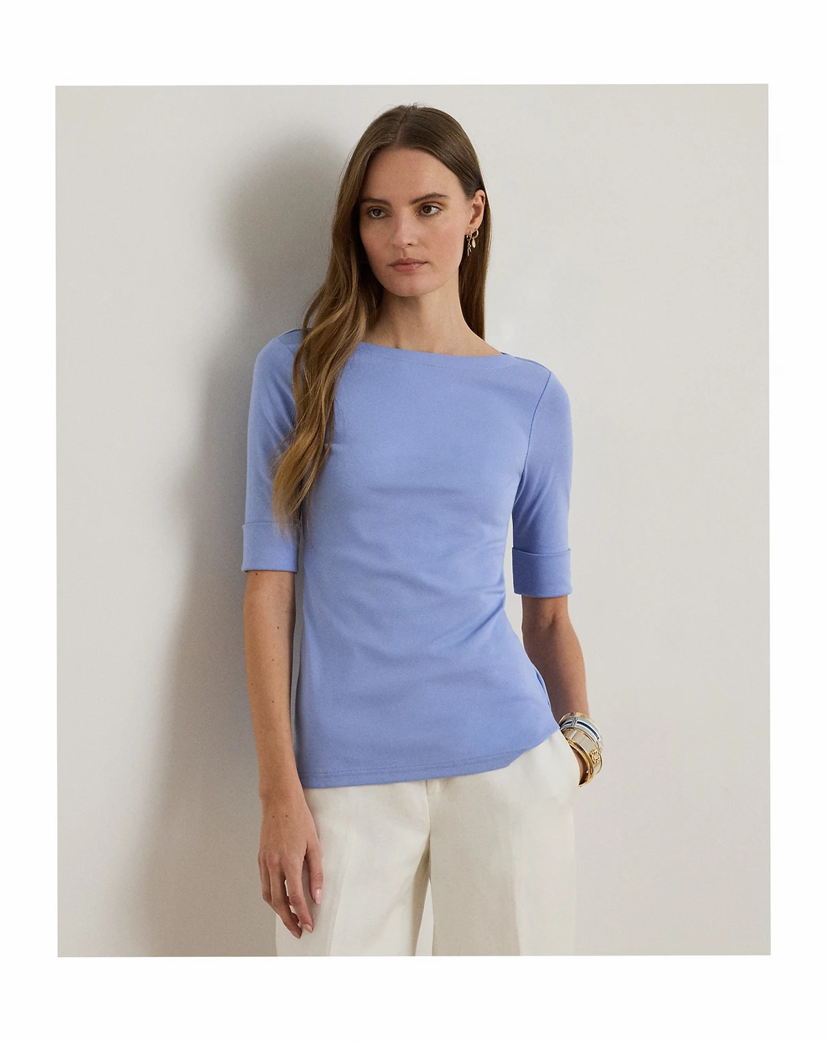 Petite Boat Neck Elbow-Sleeve Top