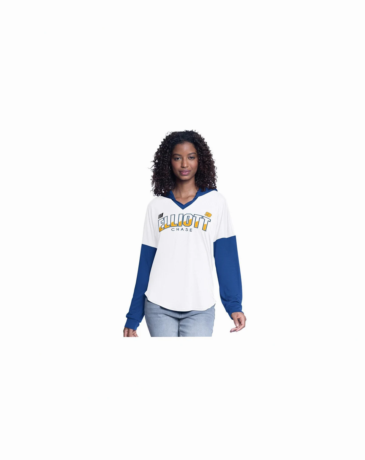 Women's White/Royal Chase Elliott Bench Player Oversized Long Sleeve Hoodie V-Neck T-Shirt