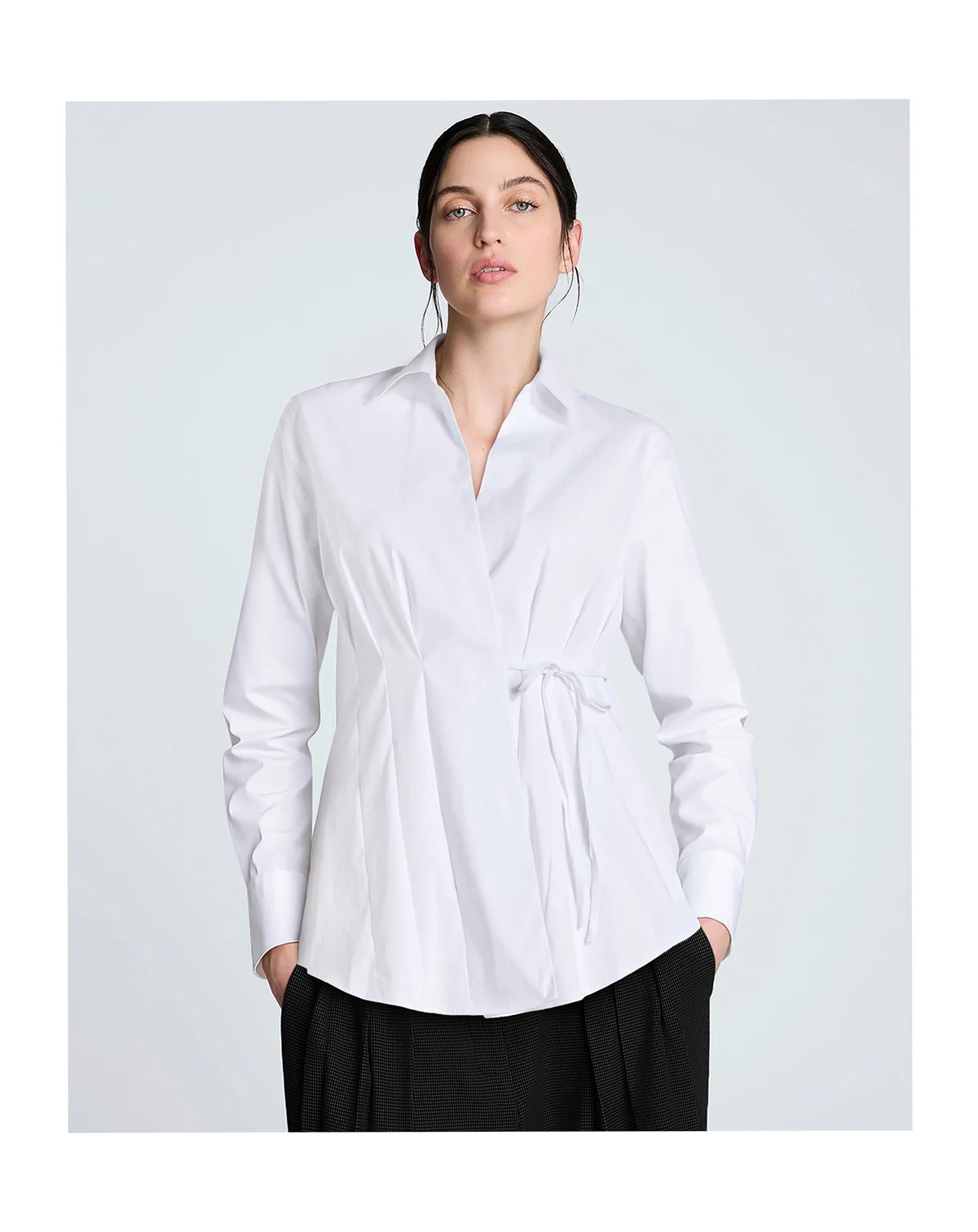 Women's Solid Poplin Wrap Y-Neck Tie-Waist Shirt
