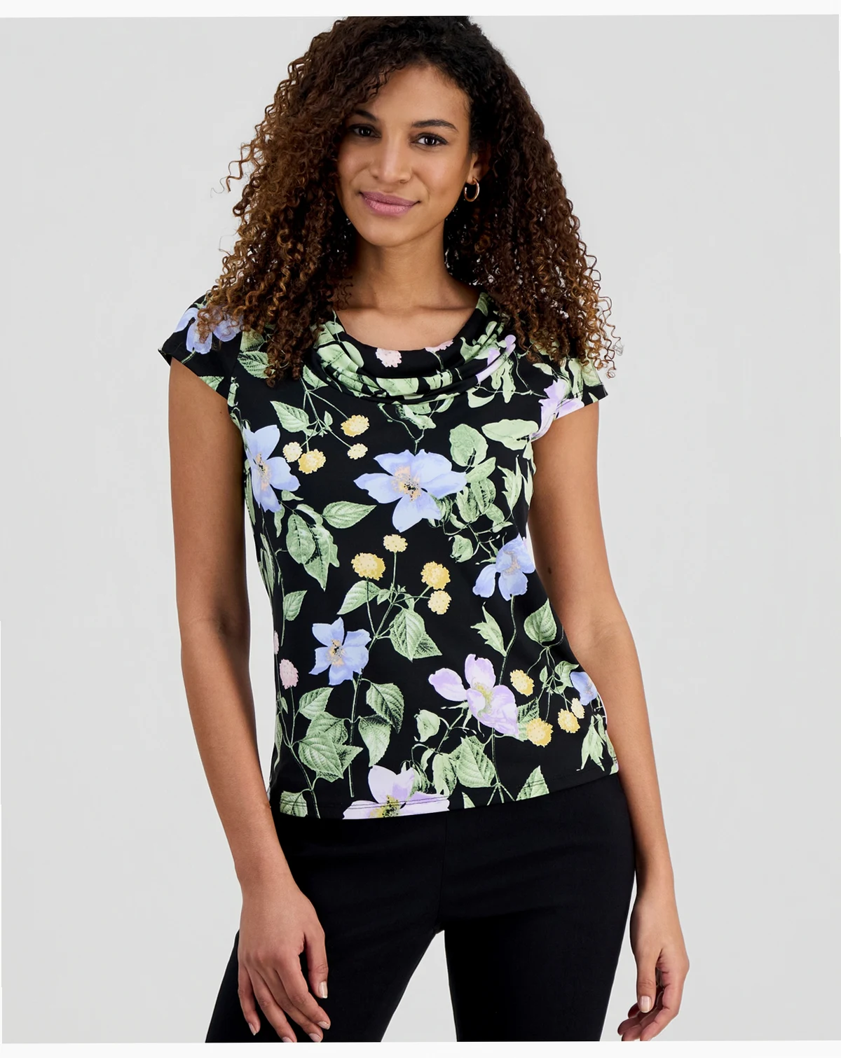 Women's Floral Cowl Neck Cap-Sleeve Top, Regular & Petite