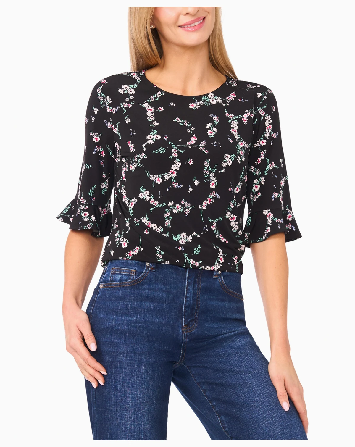 Women's Crew Neck Ruffle Sleeves Top