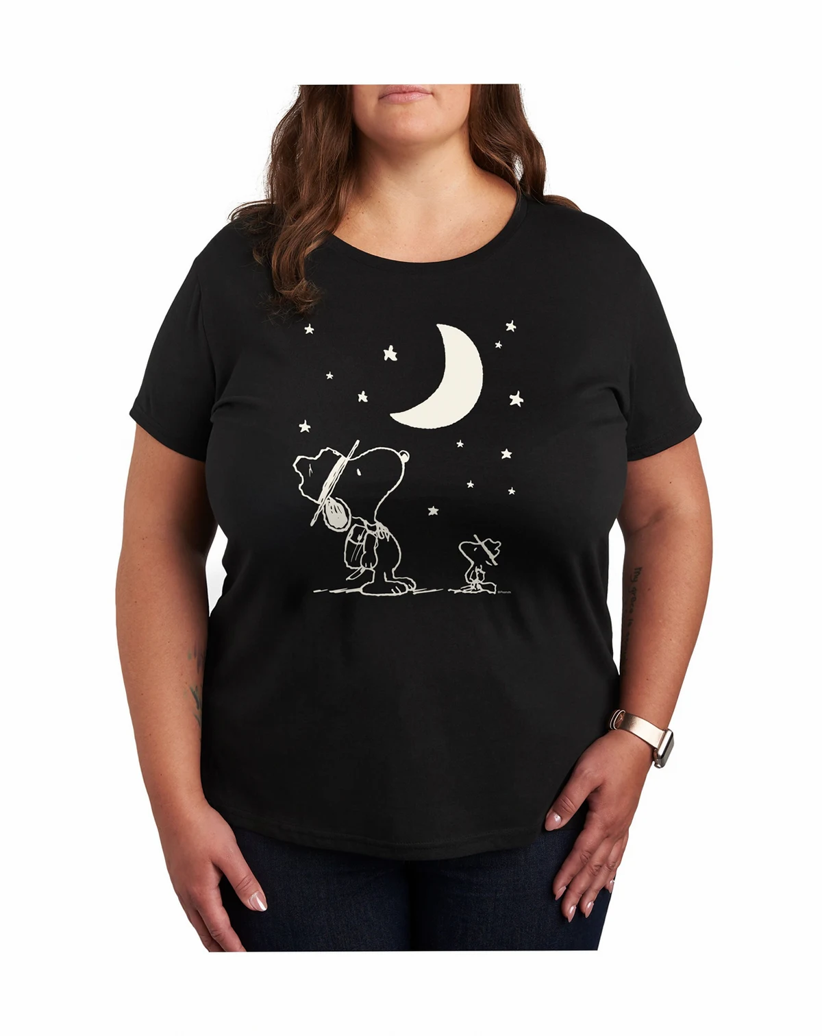 Trendy Plus Size Peanuts Snoopy & Woodstock Moon and Stars Graphic T-Shirt