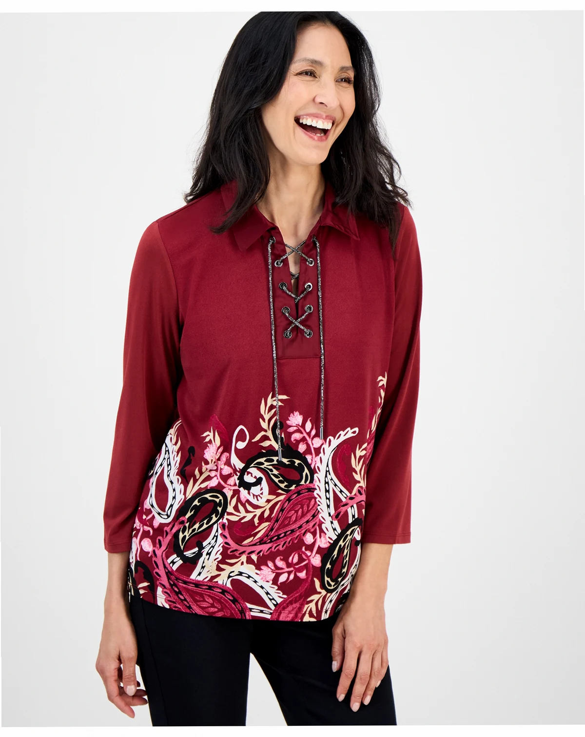 Women's Printed Lace-Up Collared Top, Exclusively at Macy's