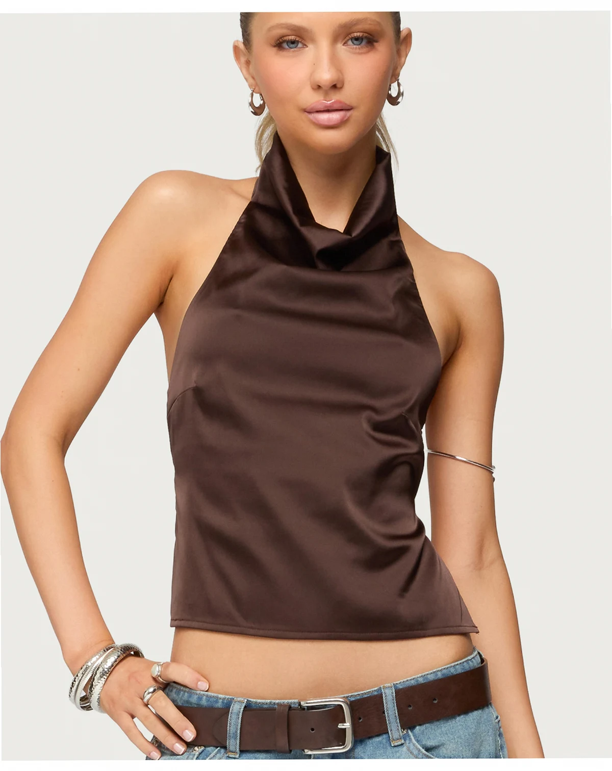 Women's Satin Effect Backless Cowl Neck Top