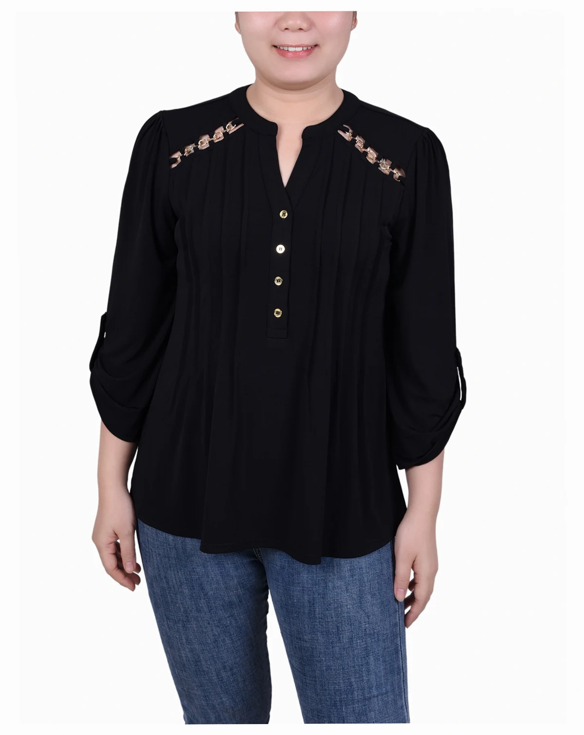 Petite Pin tuck Front Top with Chain Details
