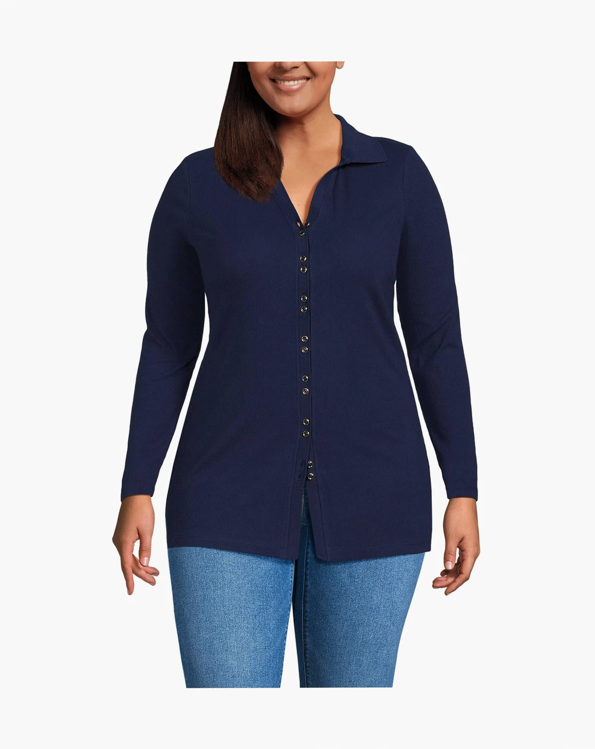 Plus Size Long Sleeve Polished Rib Button Through Tunic Shirt