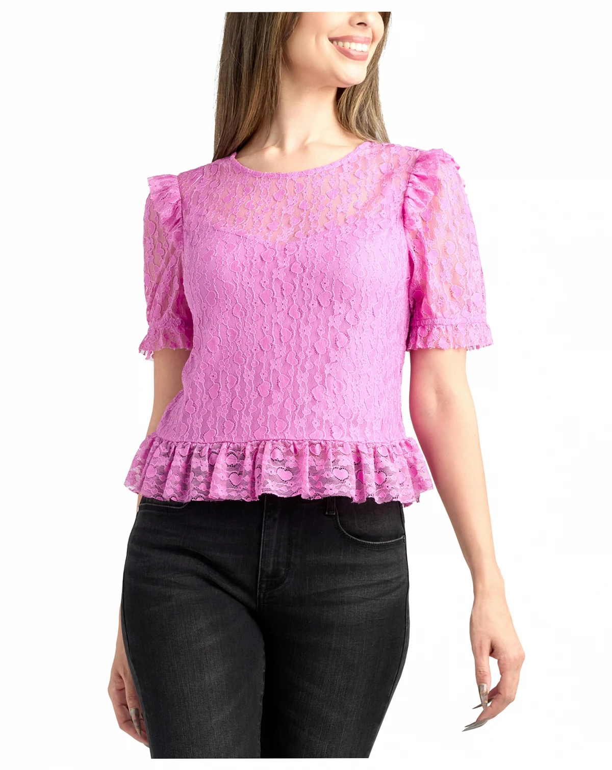 Juniors' Heart Lace Puff Short-Sleeve Top