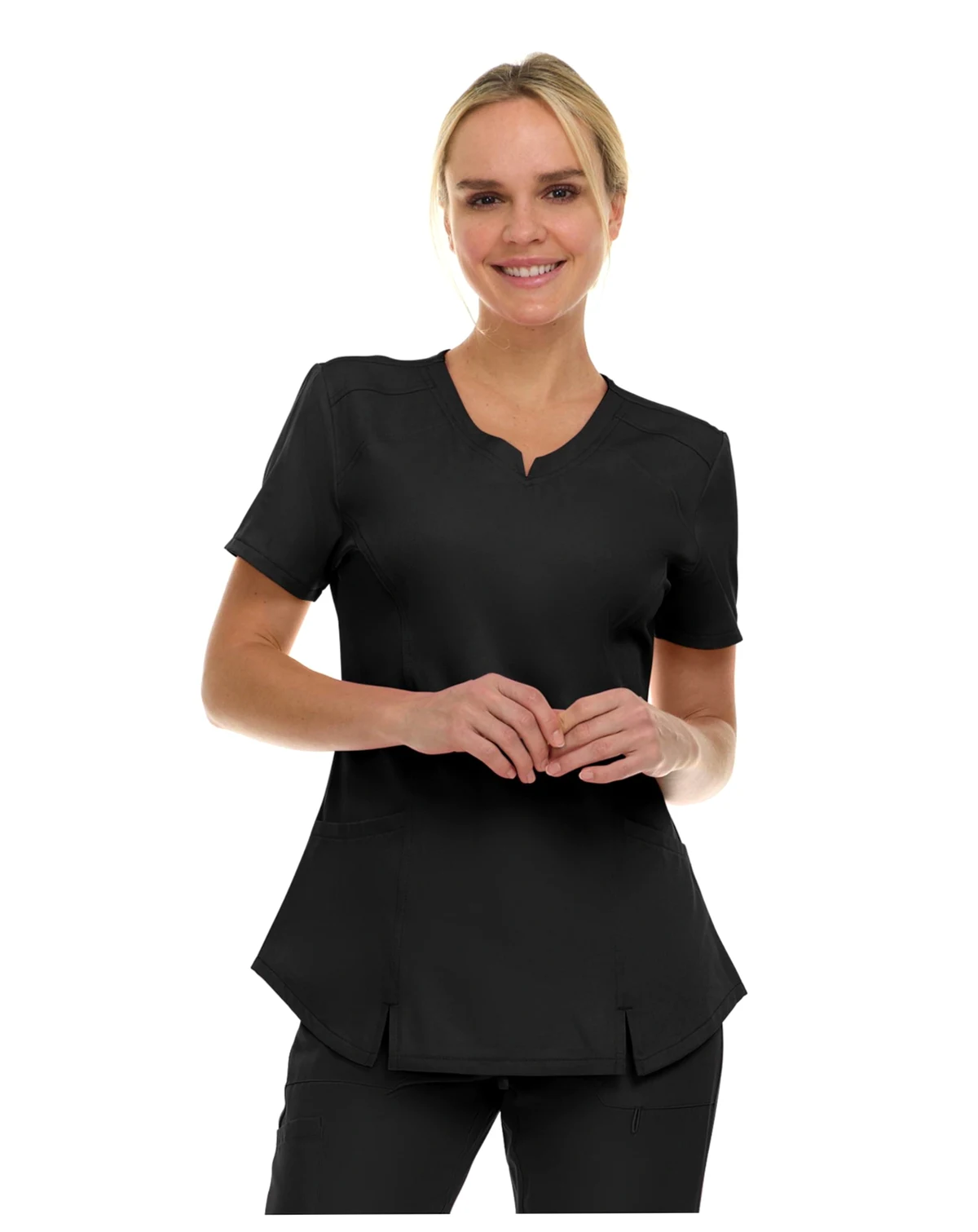 Women's Scrubs V-Neck Notch Fashion Stretch Scrub Top with Two Pockets, Flex Easy Care Fabric, Bubble Gum, Large