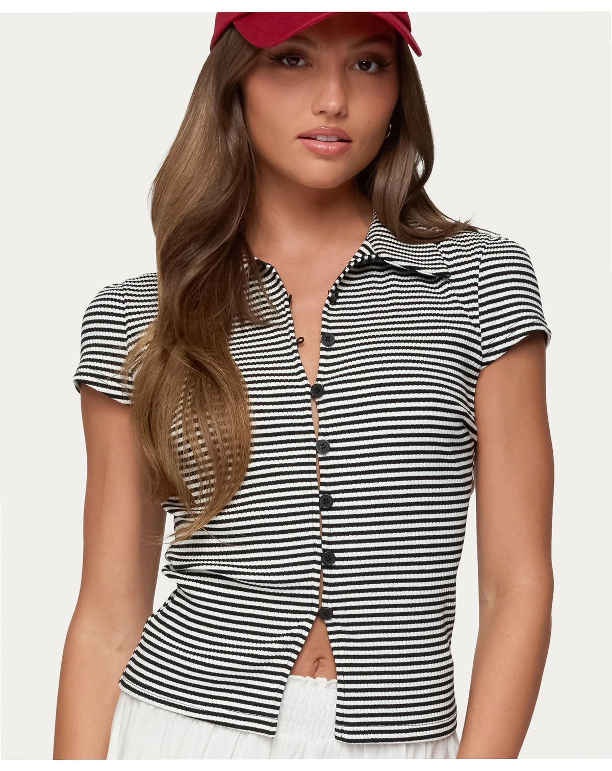 Women's Beau Striped Ribbed Button Up Top