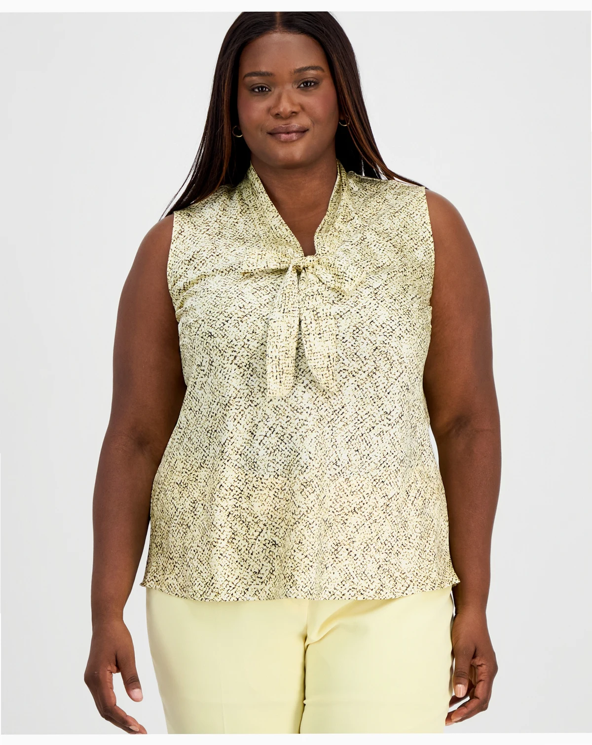 Plus Size Printed Sleeveless Tie-Neck Blouse