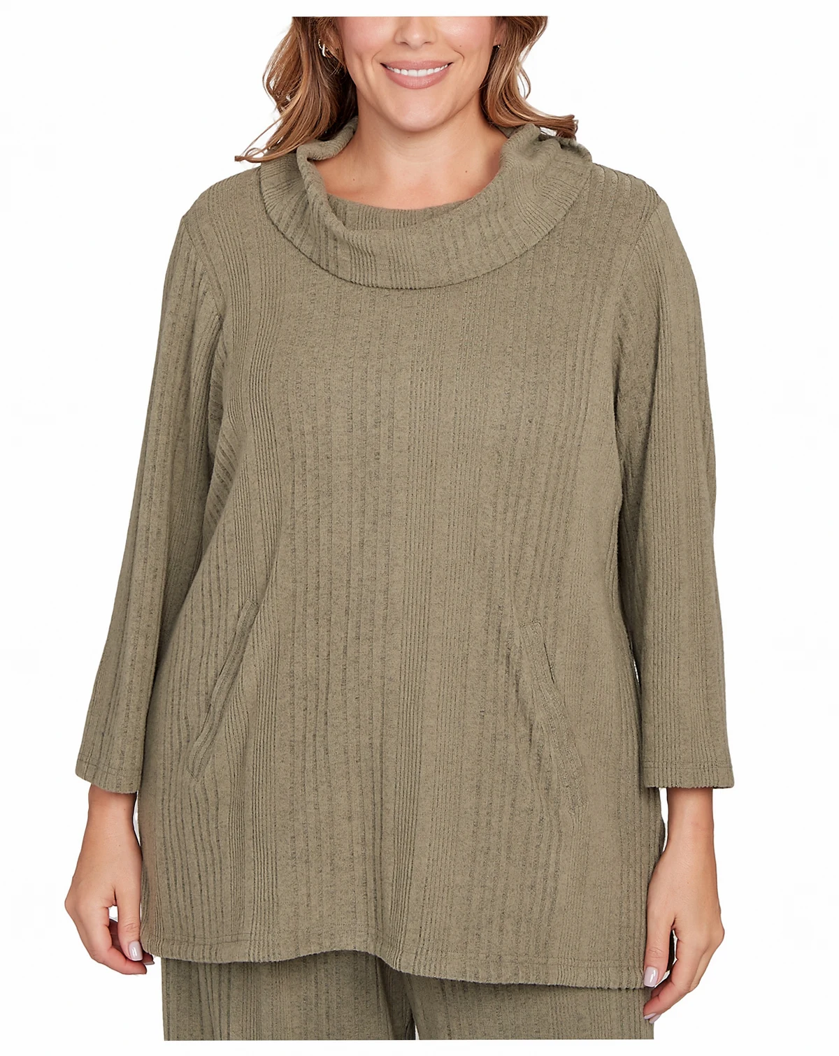 Plus Size Solid Texture Hatchi Cowl Neck Tunic Top