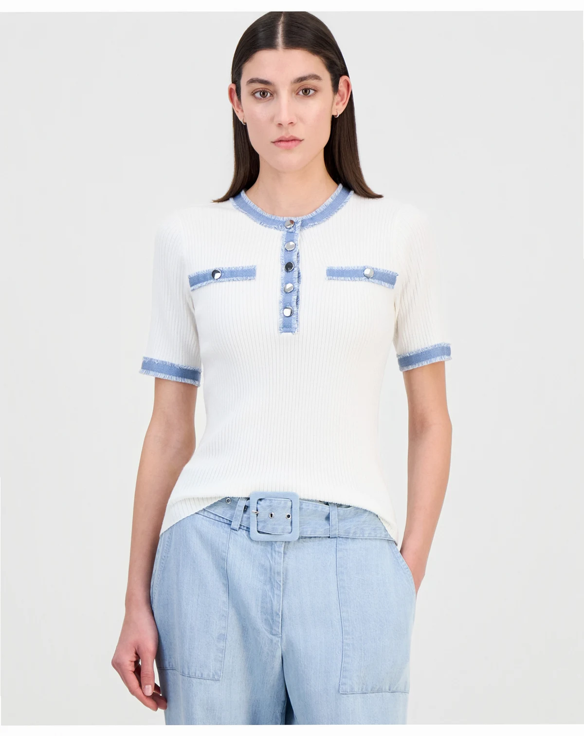 Women's Denim-Trim Ribbed Short-Sleeve Top