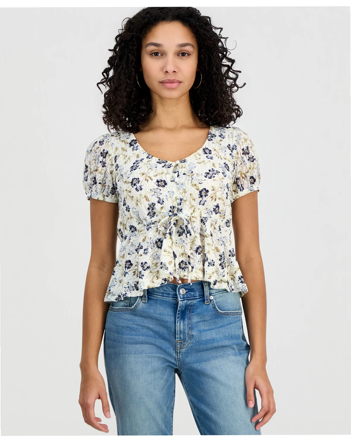 Juniors' Printed Lace Short-Sleeve Babydoll Top