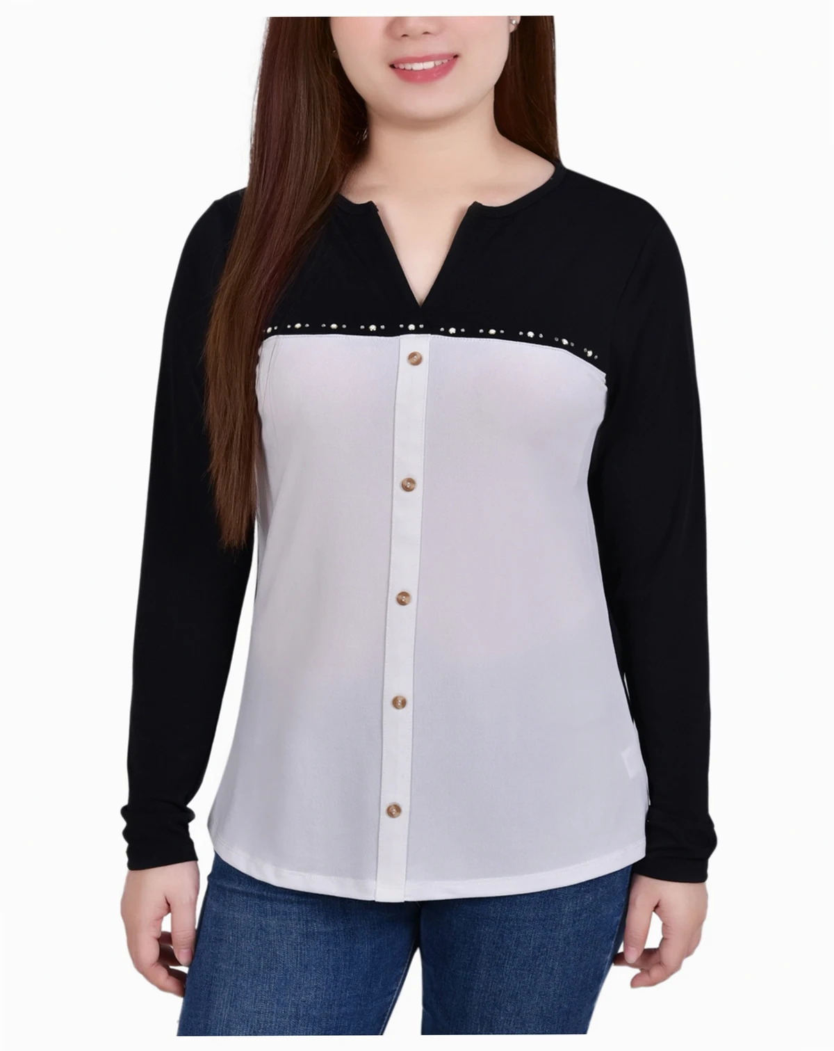 Petite Long Sleeve Studded Colorblocked Split Neck Top