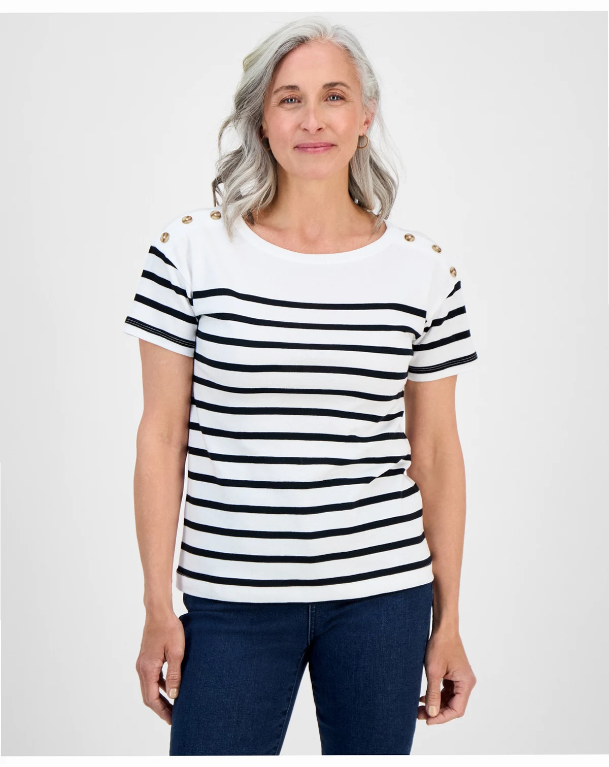 Petite Cotton Button-Shoulder Tee, Exclusively at Macy's