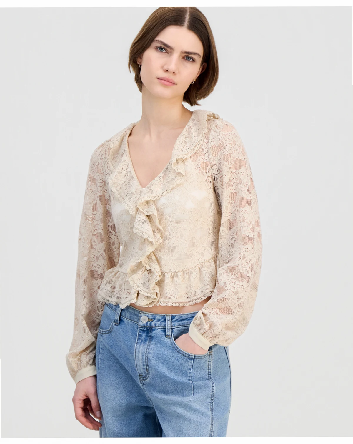 Petite Lace V-Neck Ruffle Top, Macy's Exclusive