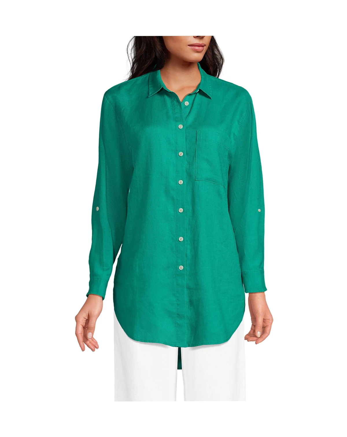 Women's Linen Roll Sleeve Oversized Relaxed Tunic Top