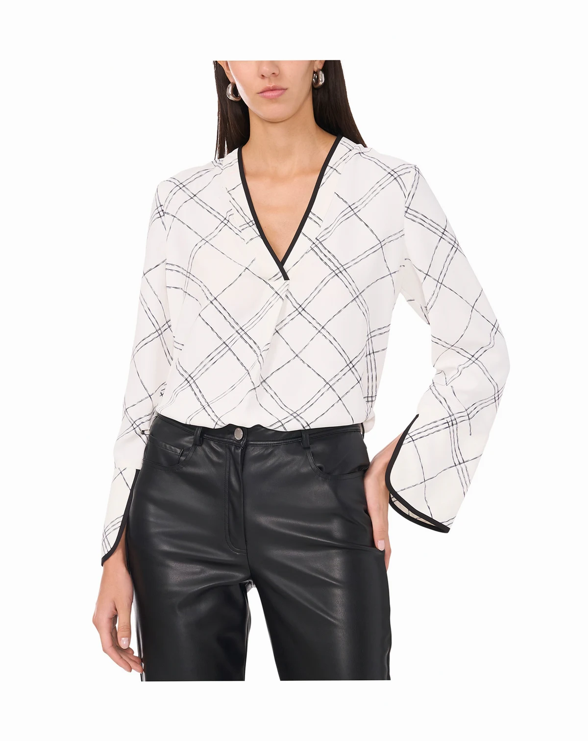 Women's Windowpane-Print V-Neck Top