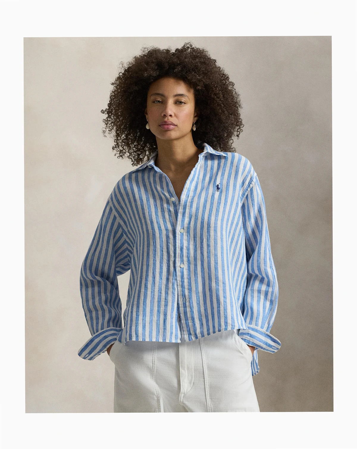 Women's Cropped Stripped Linen Shirt
