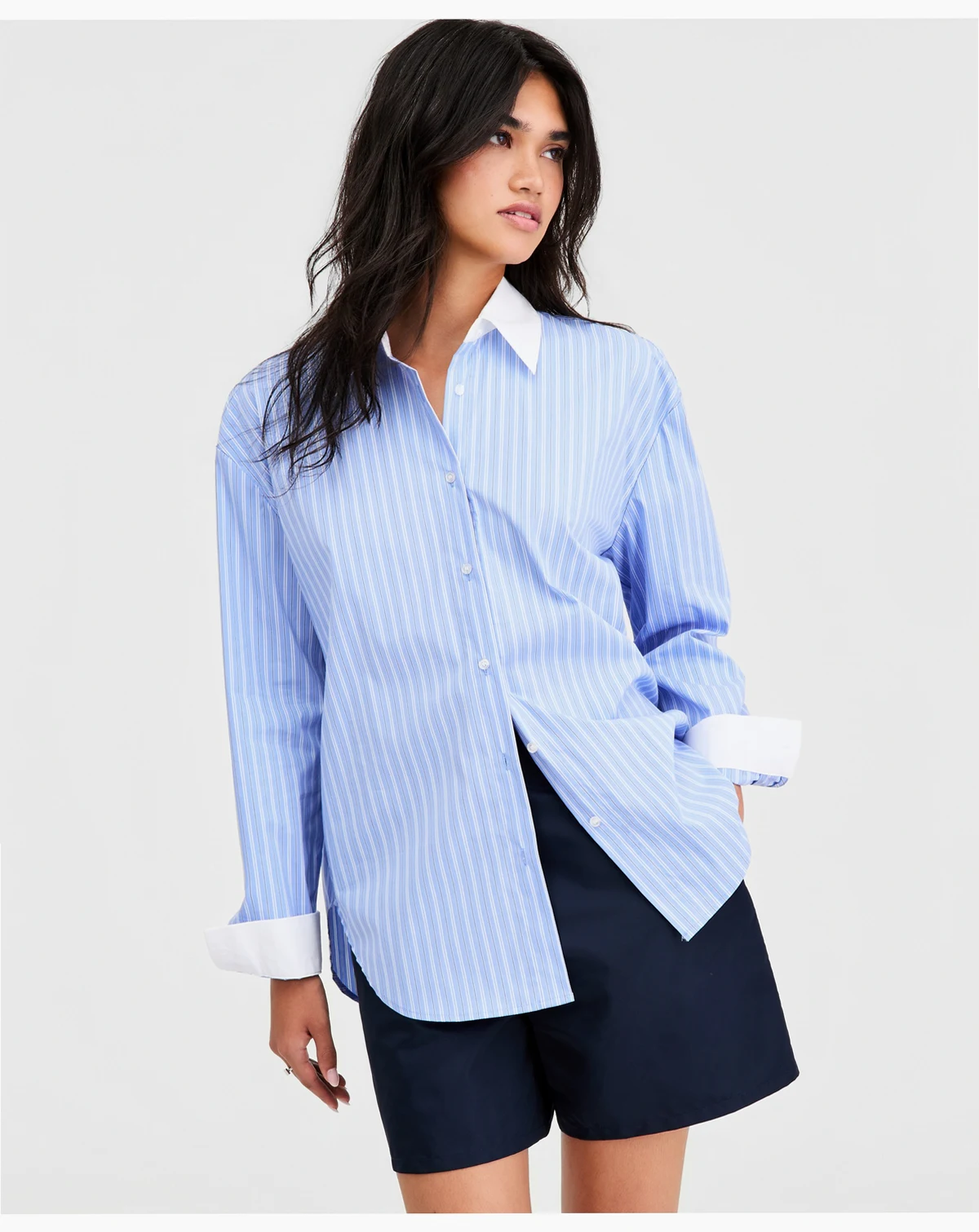 Women's Contrast-Collar Striped Shirt, Macy's Exclusive
