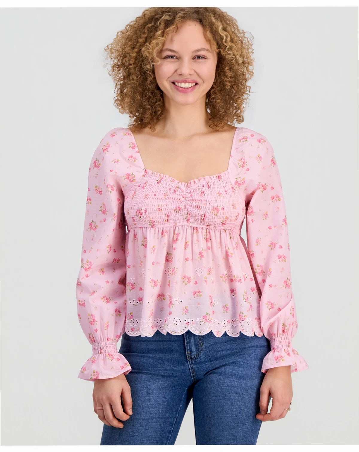 Juniors' Printed Long-Sleeve Babydoll Top