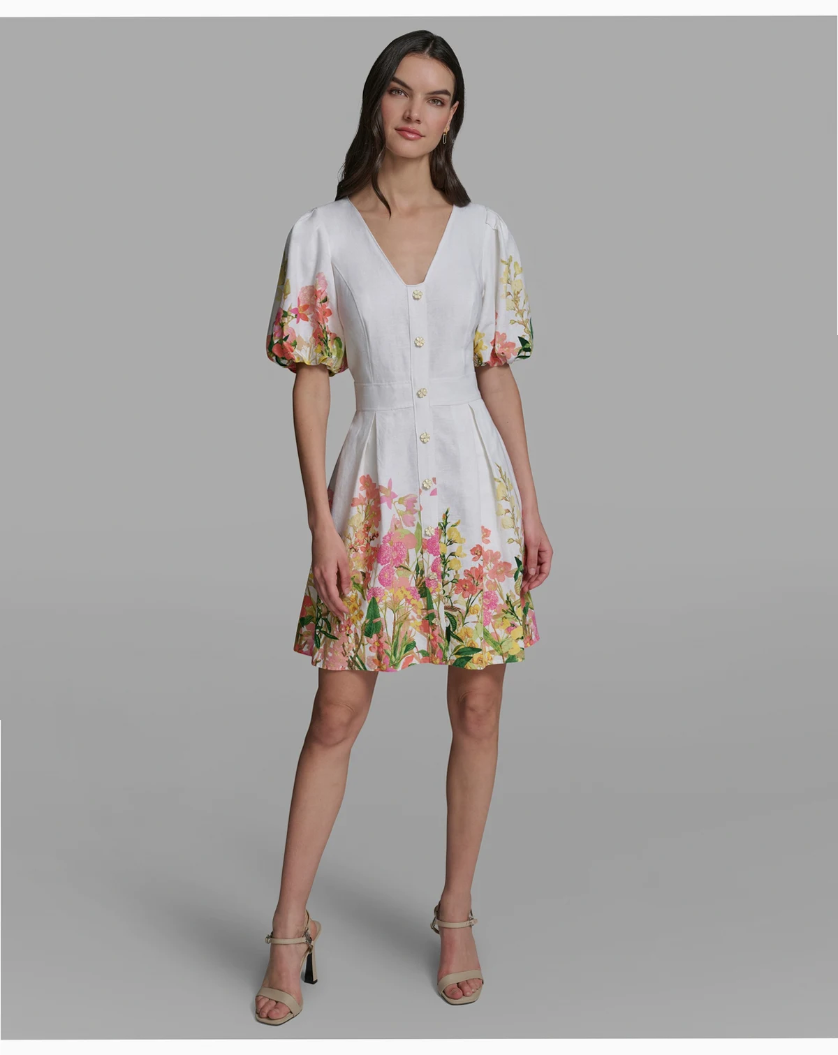 Women's Floral Border Linen Puff-Sleeve Dress