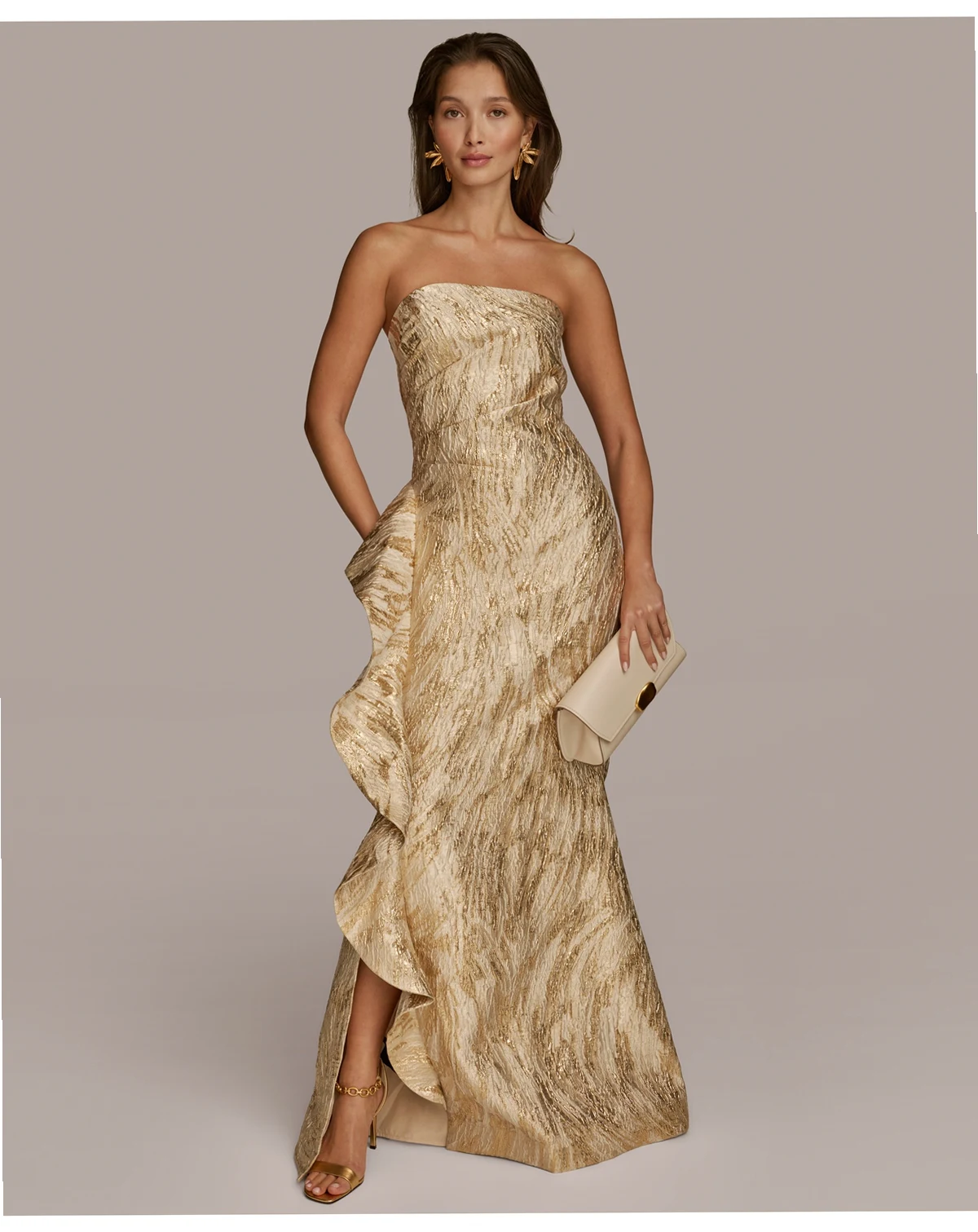 Women's Metallic Ruffled Strapless Gown