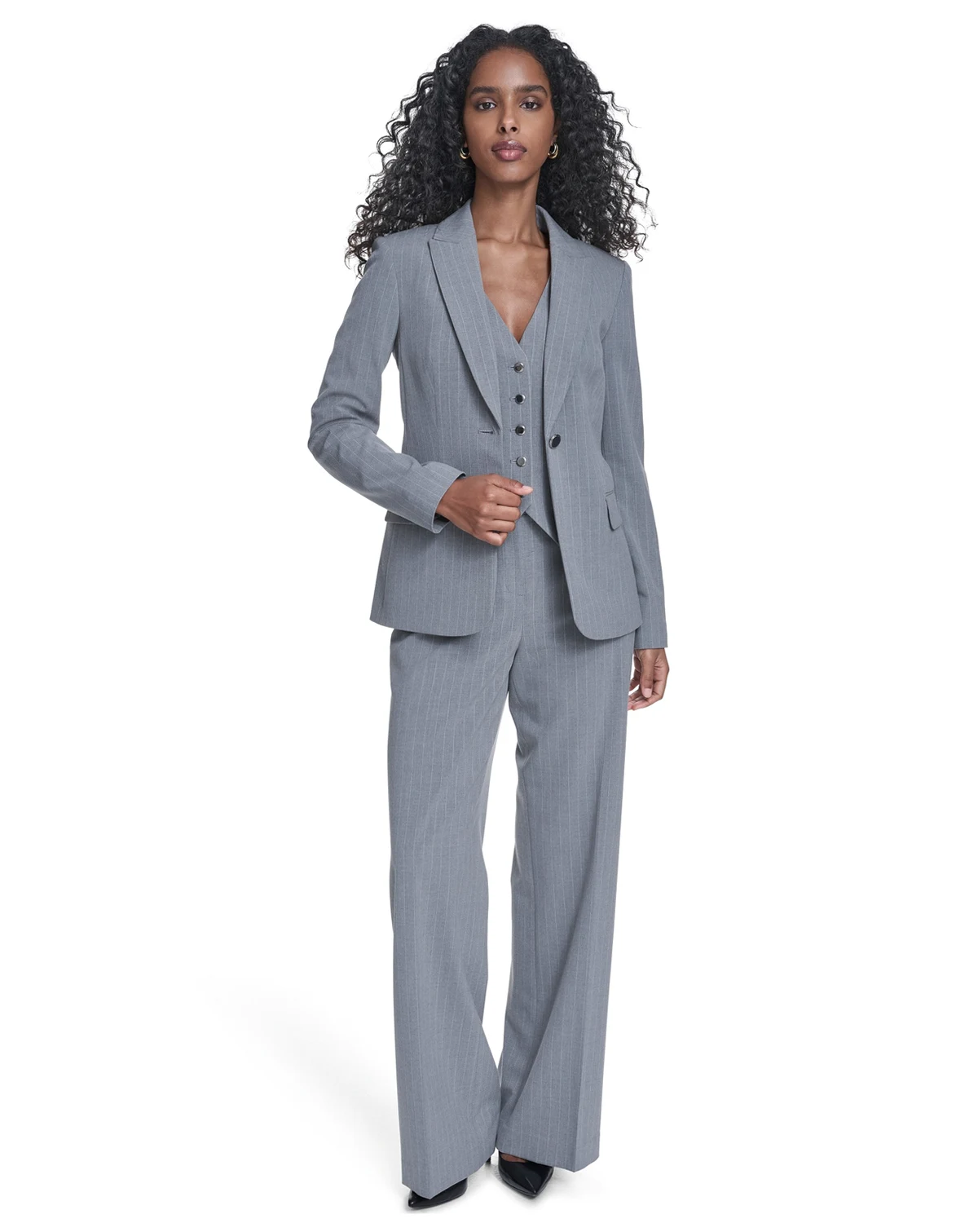 Women's Classic Buttoned Blazer, Pinstripe Vest Top, and Mid-Rise Pants