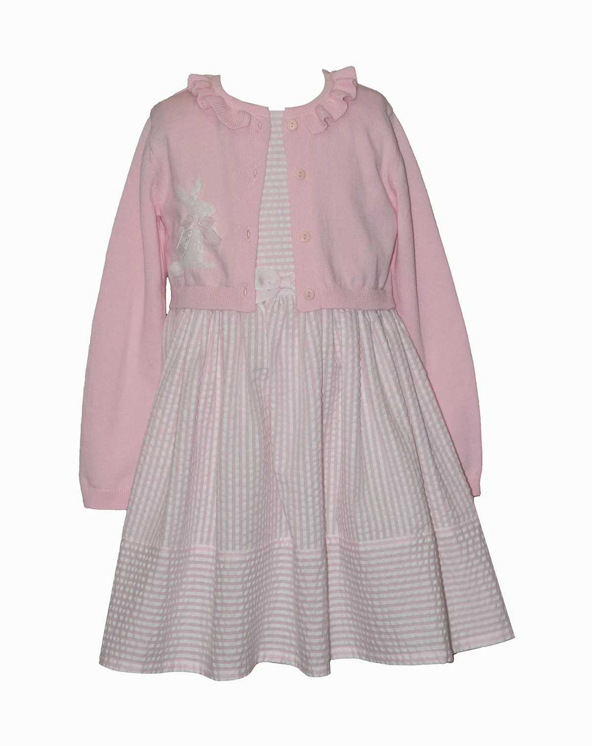 Girls' 2T-6X Bunny Round Neck Dress and Cardigan, 2-Piece Set