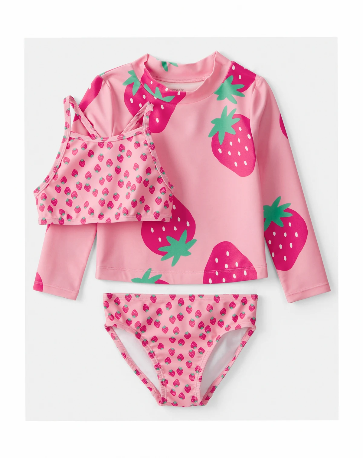 Girls' Toddler 2T-5T Strawberry Rashguard, Swim Top & Swim Bottoms, 3-Piece Set
