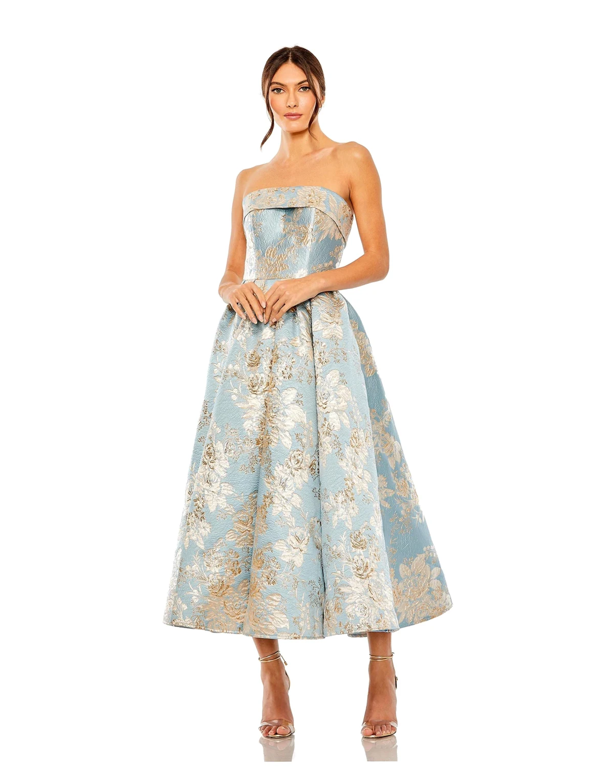 Petite Strapless Brocade Midi Dress with Pockets