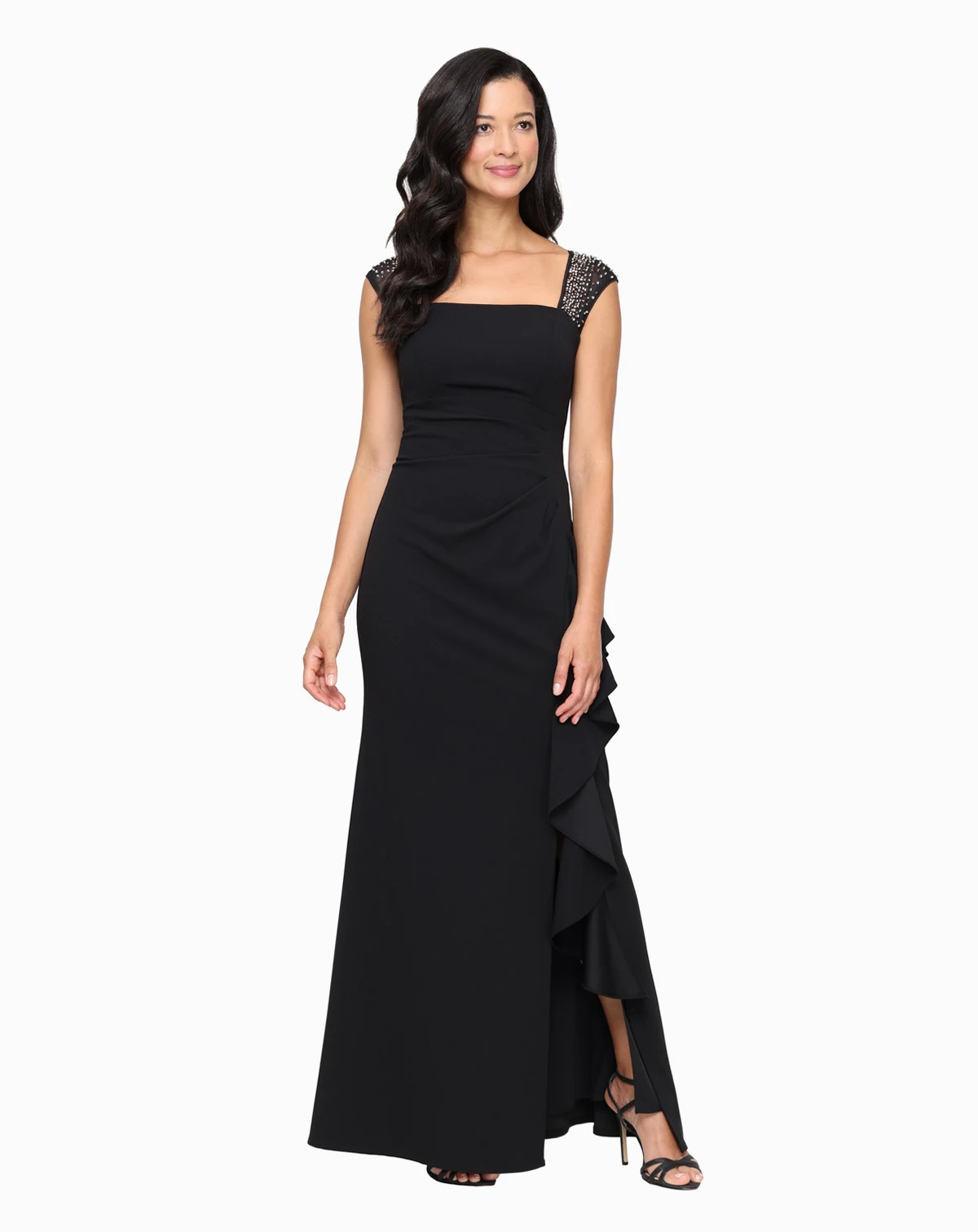 Petite Studded-Strap Waterfall-Ruffle Evening Gown