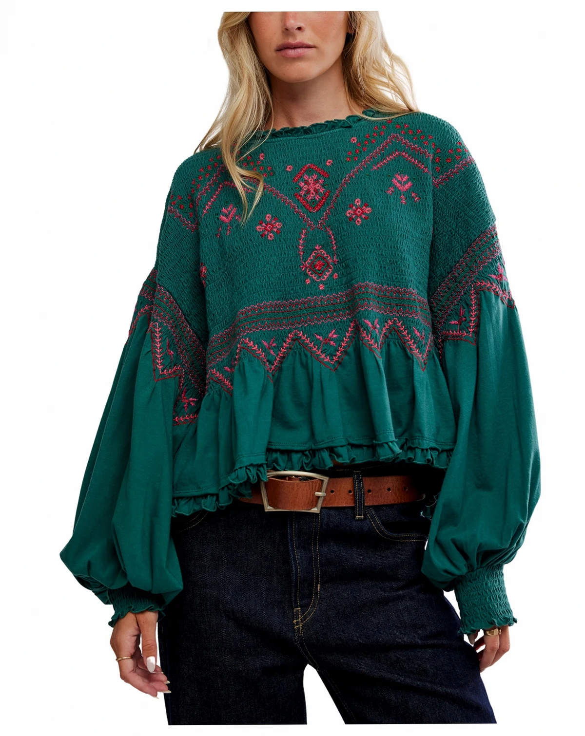 Women's Holly Crewneck Geometric Embroidered Top