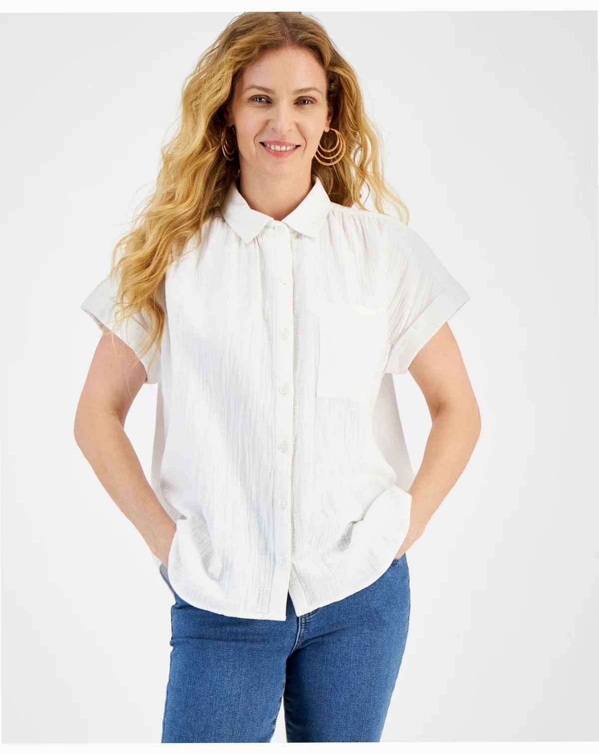 Women's Cotton Gauze Short-Sleeve Button Up Shirt, Created for Macy's