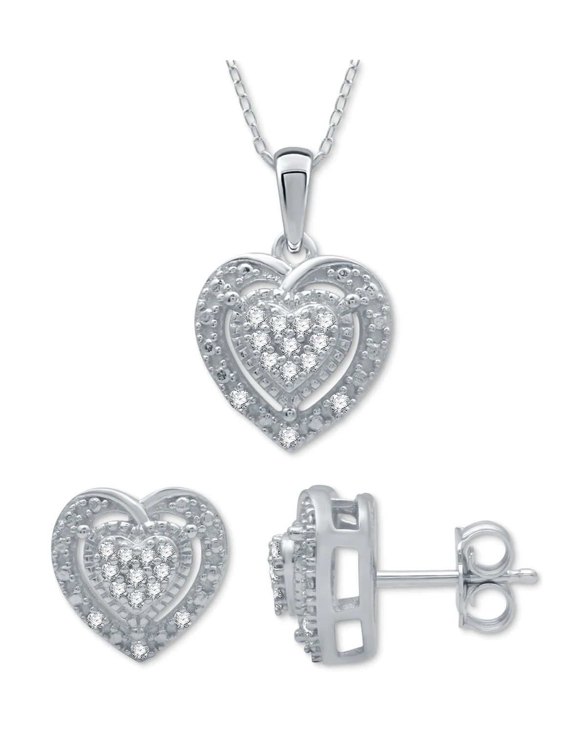 2-Pc. Set Diamond Heart Cluster Pendant Necklace & Matching Stud Earrings (1/6 ct. t.w.) in Sterling Silver