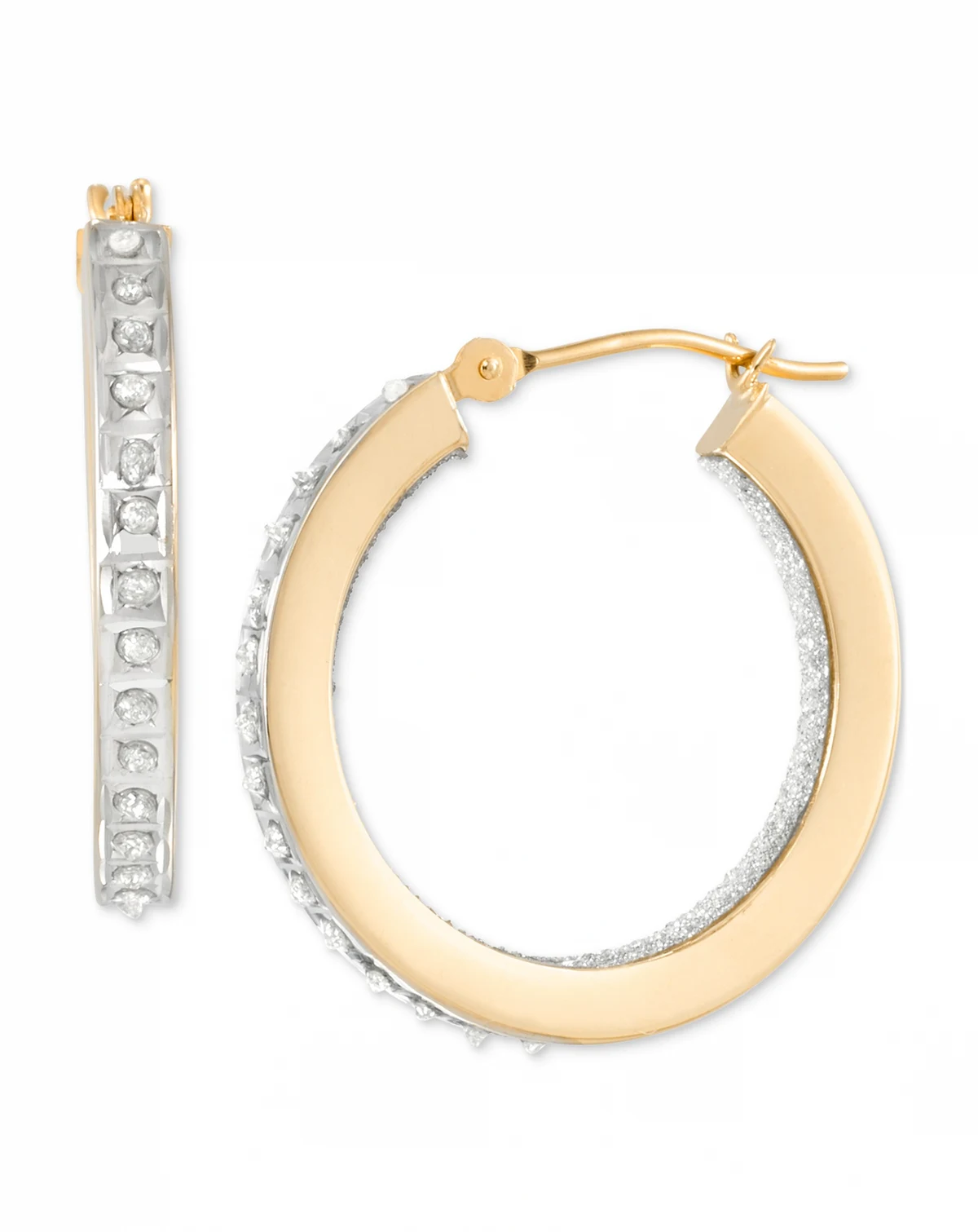Diamond Accent Fascination Inside Glitter Hoop Earrings in 10k White Gold or Yellow Gold