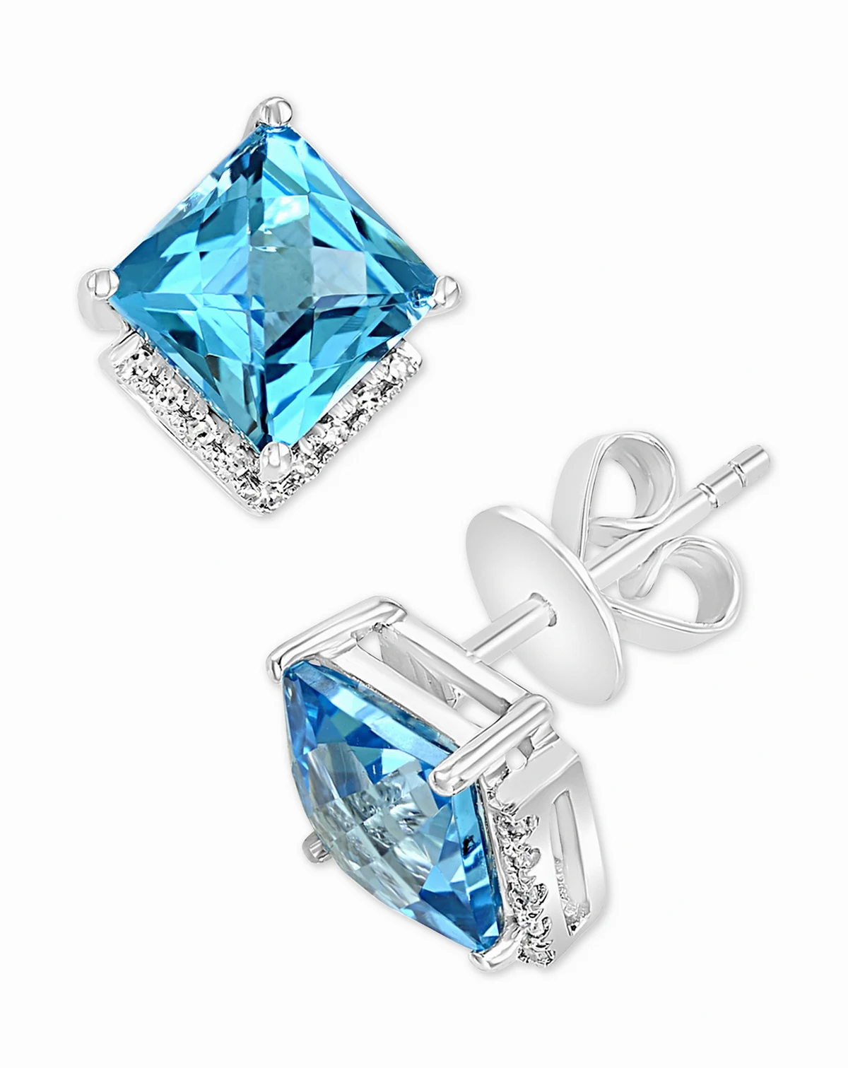 Swiss Blue Topaz (4-7/8 ct. t.w.) & Diamond (1/20 ct. t.w.) Square Stud Earrings in 14k White Gold