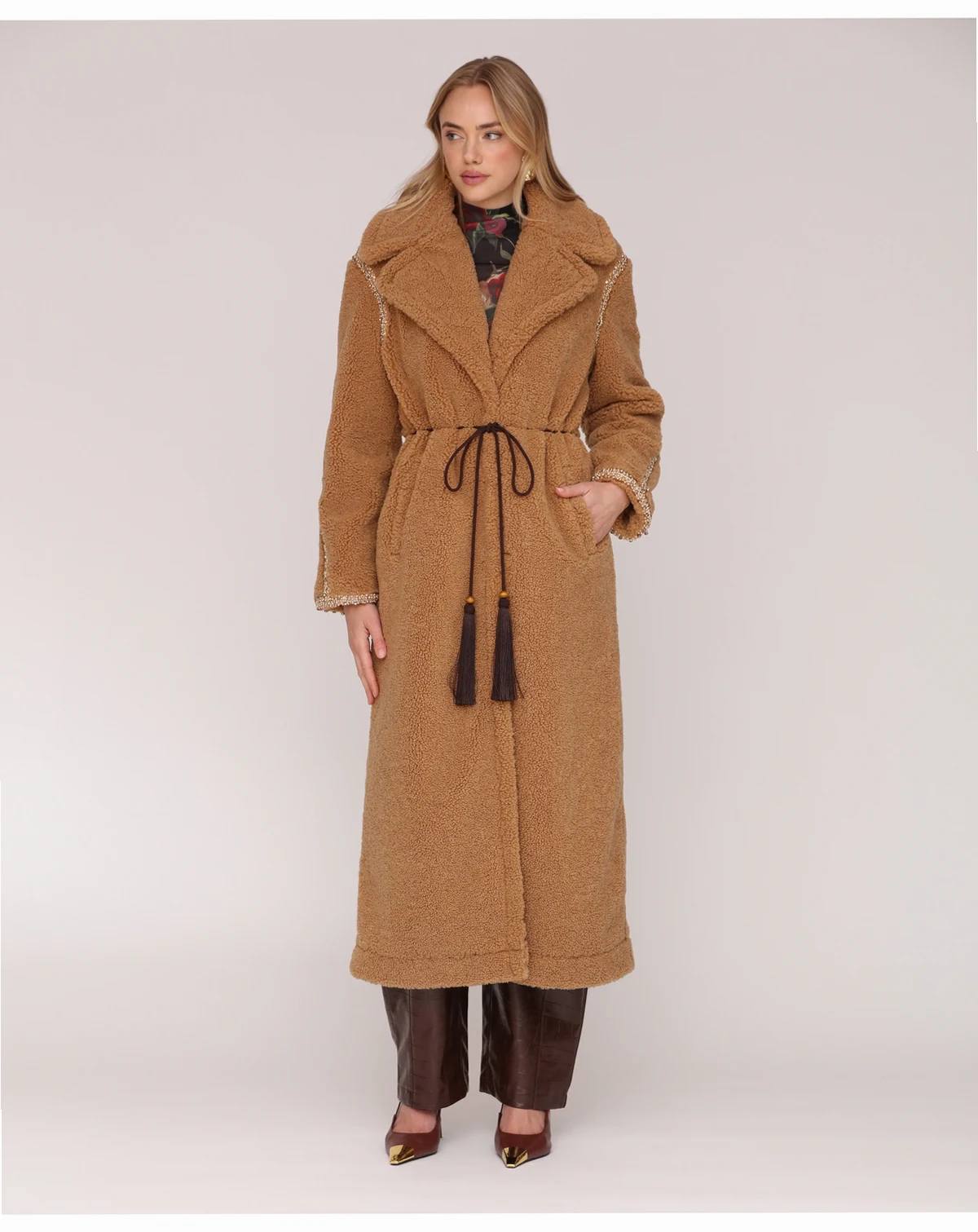 Women's Long Sleeve Sherpa Oversized Belted Coat