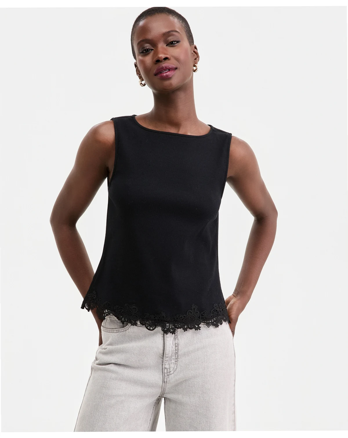 Women's Knit Sleeveless Boat-Neck Lace Top, Macy's Exclusive