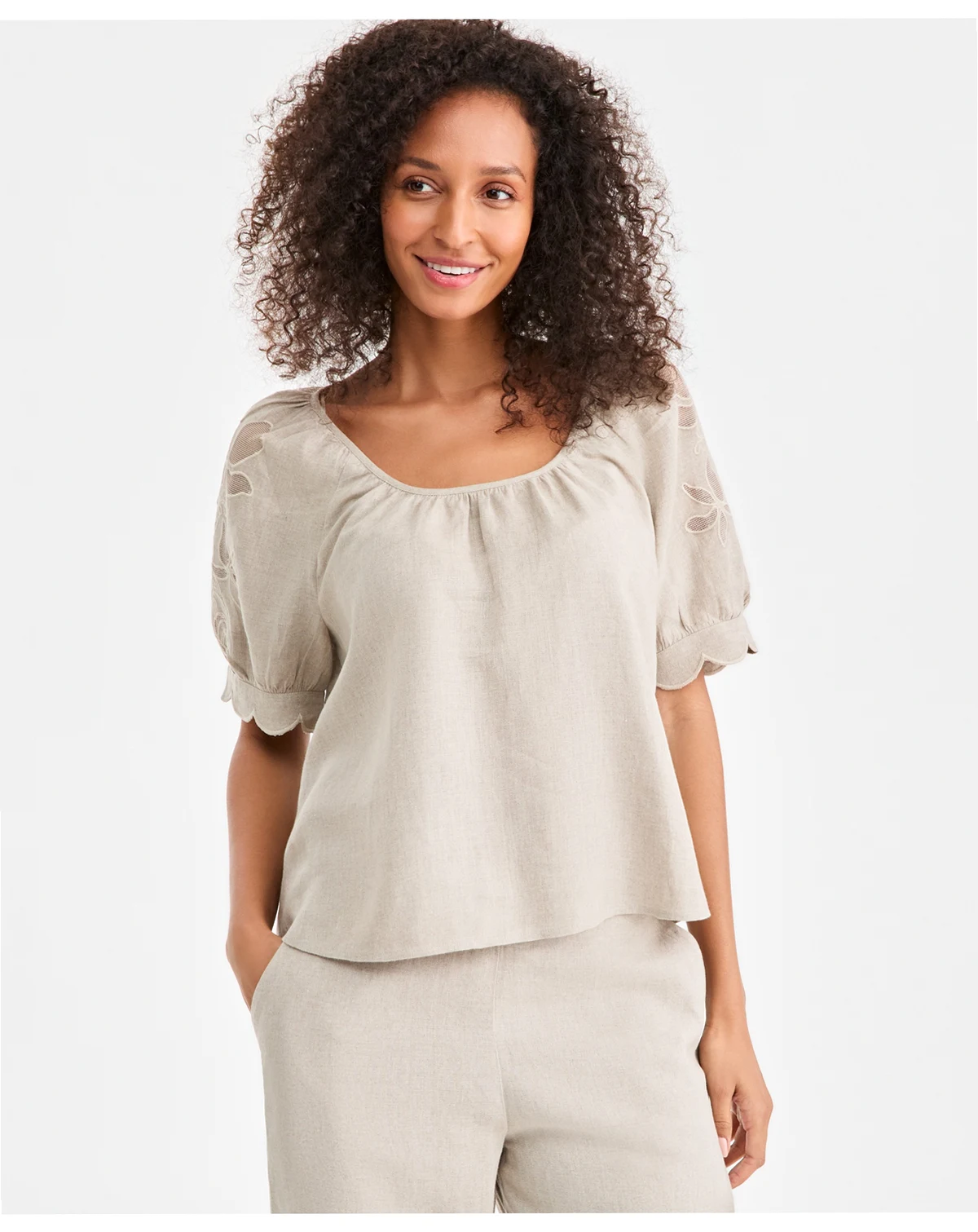 Women's 100% Linen Scalloped-Cuff Scoop-Neck Top, Macy's Exclusive