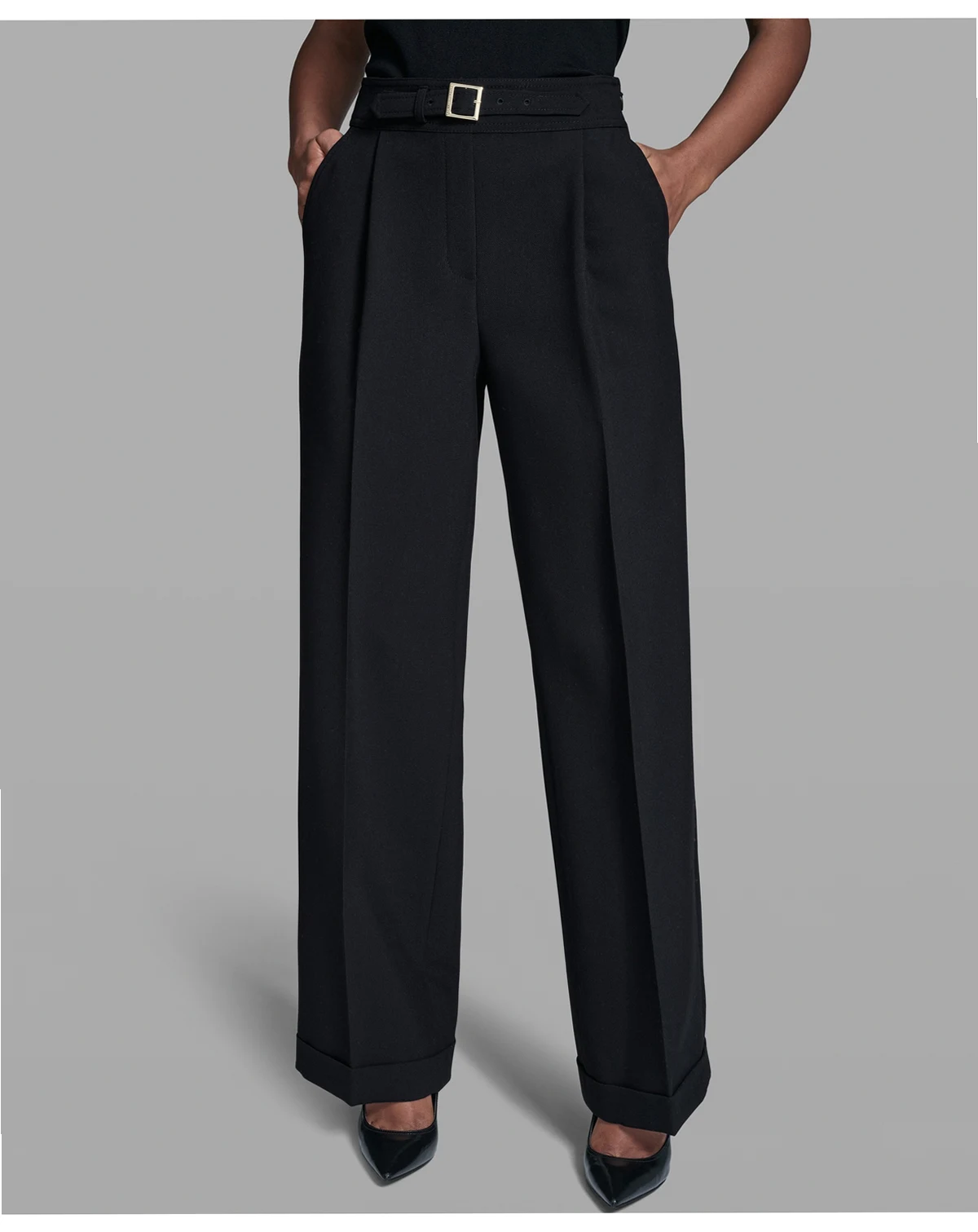 Women's Mid-Rise Elastic-Back Belted Wide-Leg Pants