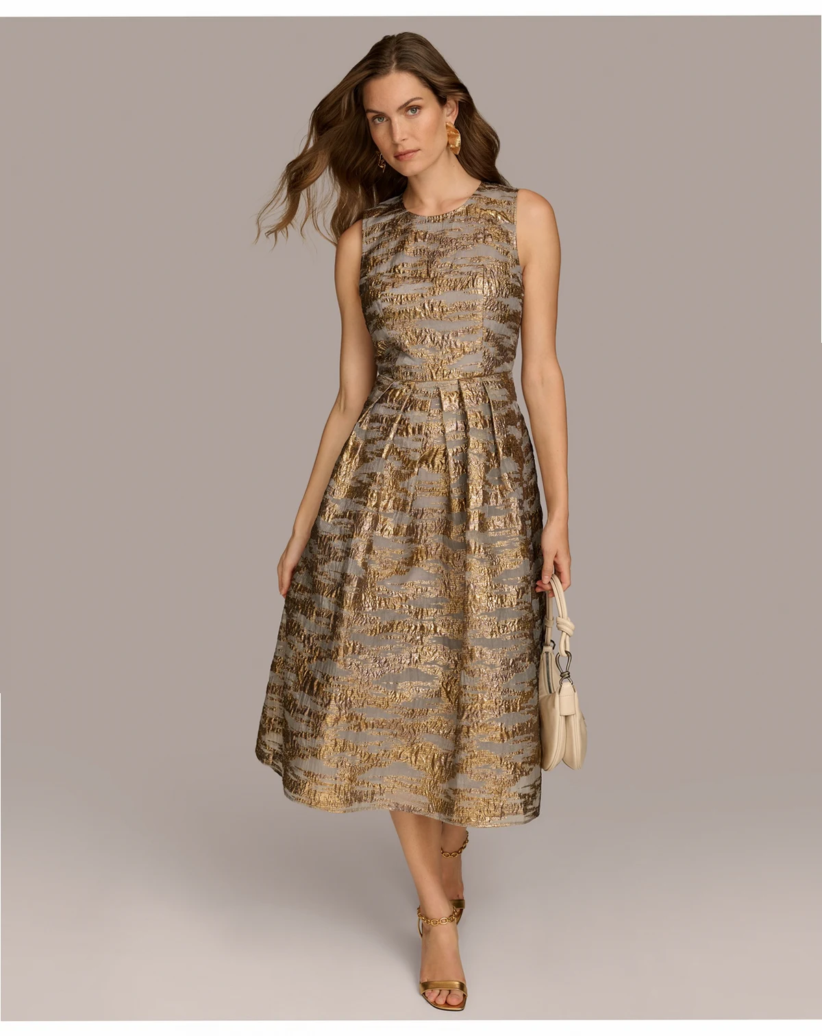 Women's Sleeveless Pleated Brocade Organza Midi Dress
