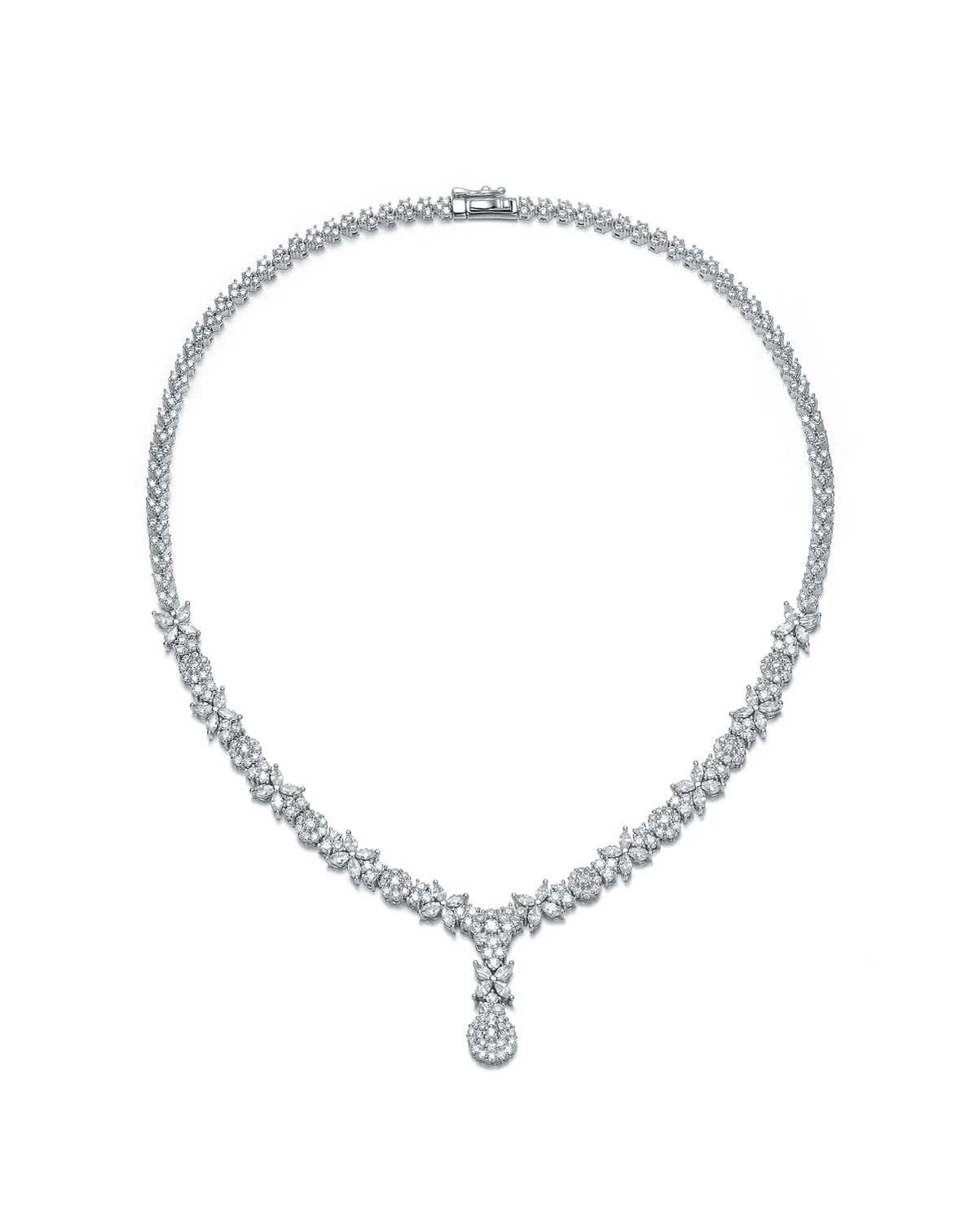 Elegant White Gold Plated Floral Cluster CZ Statement Necklace