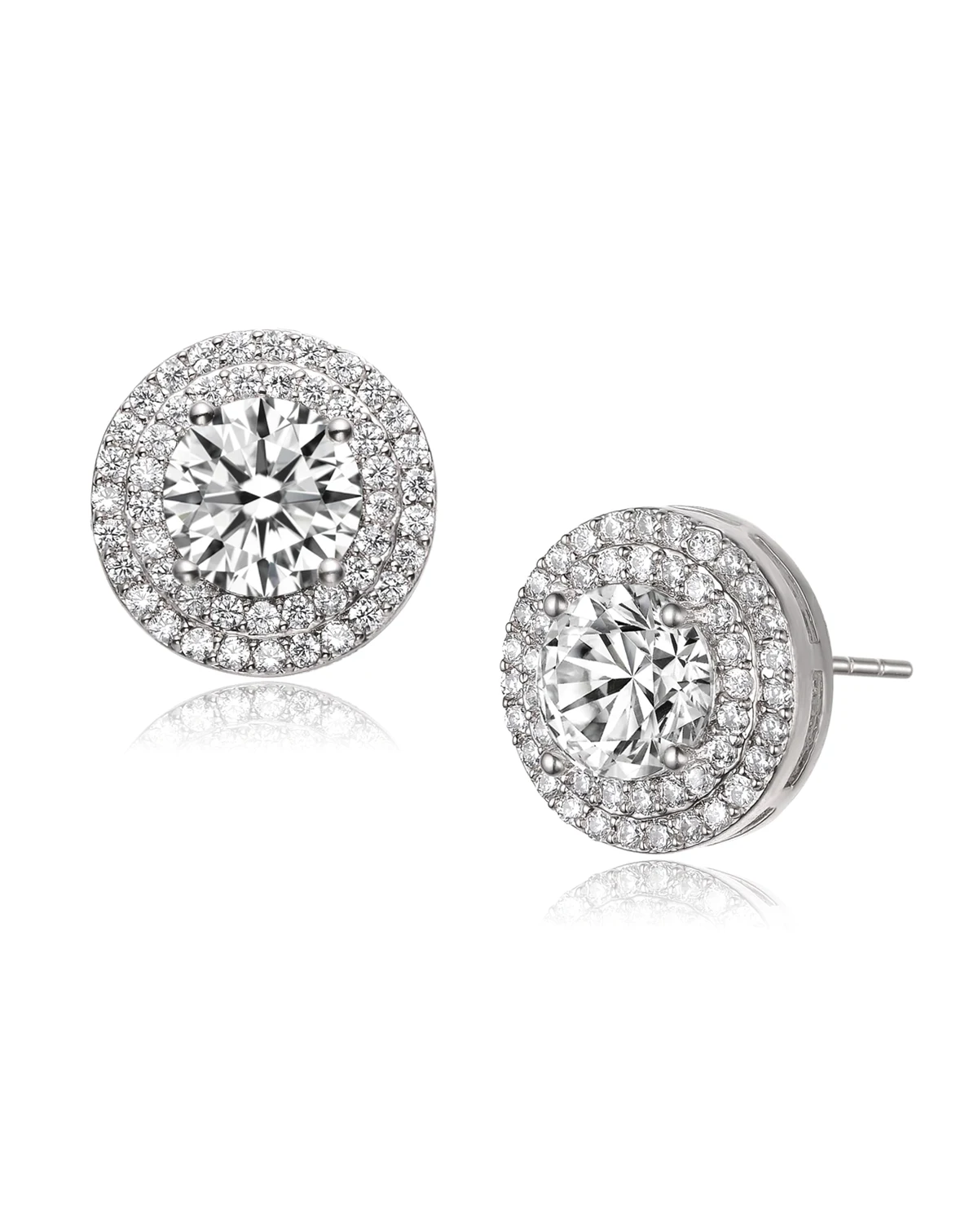 Brilliant Sterling Silver Round CZ Double-Halo Stud Earrings