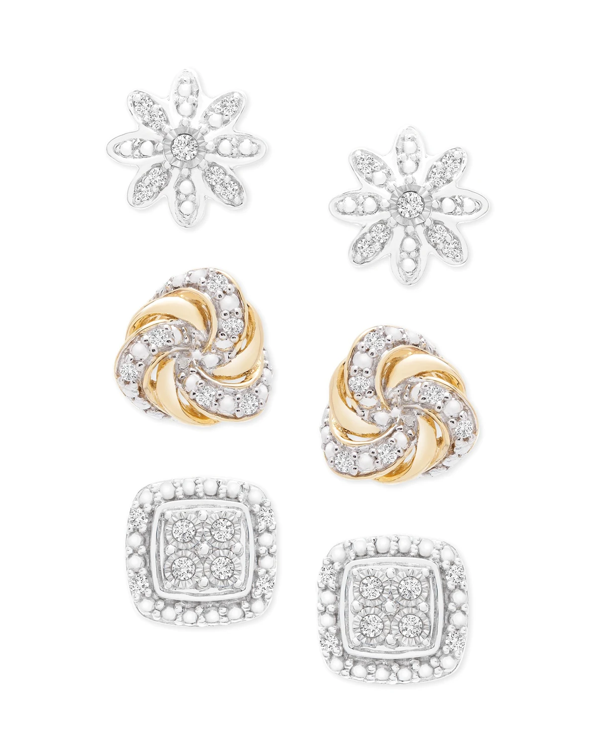 3-Pc. Diamond Stud Earrings Set (1/4 ct. t.w.) in Sterling Silver & 14k Gold-Plate